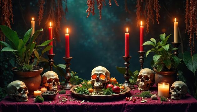 Intricate voodoo altar adorned with candles, skulls, herbs, and symbolic objects A mystical and atmospheric scene evoking the spiritual traditions of Voodoo , mystery, caribbean, spirit