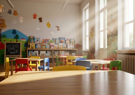 Empty kindergarten classroom with colorful furniture, books, and sunlight streaming through large windows - Powered by Adobe