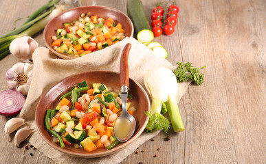 Italian minestrone soup with vegetable in broth