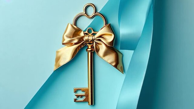 An animated golden key with a gift bow on a blue background. The key to success and opportunity concept for real estate or a luxury solution