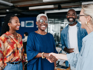 Diverse group of people smiling and shaking hands in a bright office setting with a happy atmosphere.
