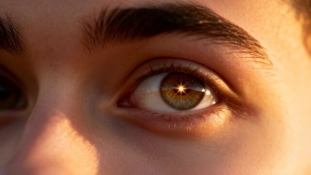 emotional close up of eyes widening with sudden inspiration; soft catchlight shaped like a tiny starburst, perfect for epiphany