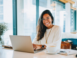 Smiling woman with glasses working on laptop at a table with coffee and flowers in bright space.