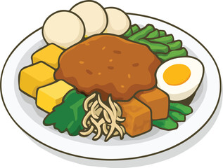 Cartoon Plate of Gado-Gado with Rice Balls and Vegetables