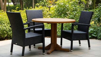 Obraz premium Outdoor Patio Set with Round Wooden Table and Wicker Chairs furniture