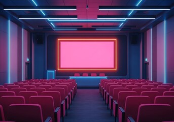 Modern cinema hall with rows of empty seats and a large screen illuminated by neon lights, creating a futuristic atmosphere