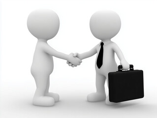 Two white figures shaking hands one with a briefcase and tie on a white background studio shot.