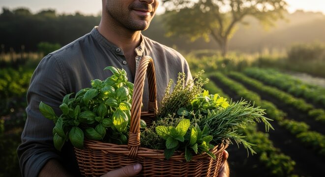 Harvesting fresh herbs: a farmer's bounty of basil, thyme, mint and rosemary