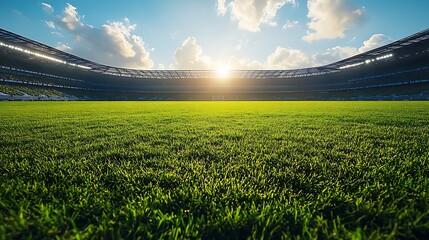 Fototapeta premium Empty soccer stadium green grass field under a bright sunny sky football photo