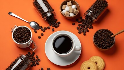 Overhead View of Coffee Beans, Sugar Cubes, Cookies, and Coffee Cup on Orange brown sugar