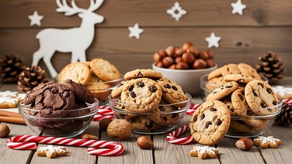 Assortment of Christmas Cookies and Nuts in Bowls with Decorations chocolate chip