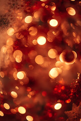 Soft Christmas bokeh background showcasing warm red and gold lights, intricate snowflakes, ornaments, and branches, creating a high resolution festive glow. This visually inviting image captures the h
