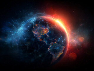 A glowing earth with interconnected networks and a bright red aura on a dark space background.