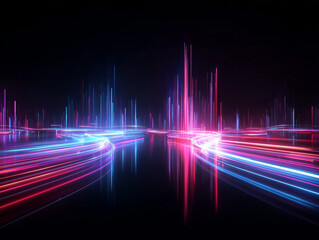 Abstract city landscape with neon light trails and reflections in a dark futuristic scene.
