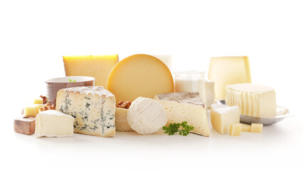 assortment of various cheese isolated on white background