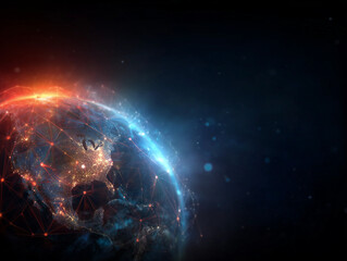 Glowing earth with network connections and orange and blue light in a dark space background view.