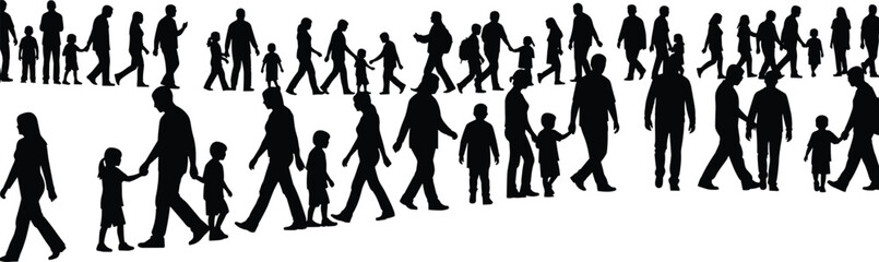 Black Silhouette Vector Art of a Large Group of People Walking, Including Families, Adults, and Children, Representing Community, Migration, Crowd Movement, Population, and Social Connection.
