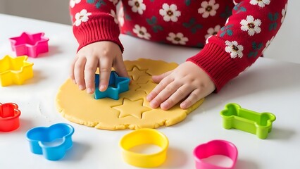 Child's Hands Cutting Star Shapes from Yellow Cookie Dough with Cutters image photo