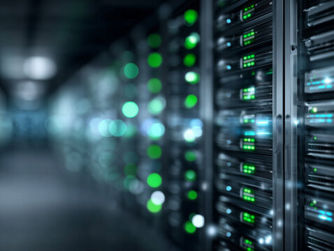 A close up view of server racks with green and blue lights in a data center environment setting.