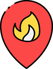 Fire location map pin icon with a flame symbol. A simple vector graphic representing an emergency, hot spot, or hazard on a map