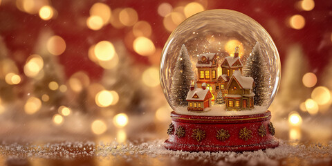 Snow globe with miniature houses and trees inside, illuminated warmly, sits on red base with snowflakes. background is filled with golden bokeh lights, creating festive atmosphere