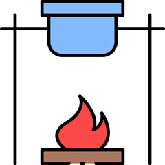 Essential Scientific Experiment Icon Depicting a Pot Heated by a Red Flame on a Stand, Symbolizing Laboratory Process and Chemical Reaction Preparation
