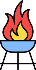 Colorful flat line art icon of a hot barbecue grill with vibrant flames, perfect for representing summer cookouts, outdoor dining, and festive gatherings