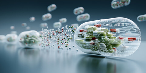 Futuristic capsules with digital circuits and molecules symbolize advanced scientific research and innovation in pharmaceuticals. glossy, reflective surface enhances high tech feel