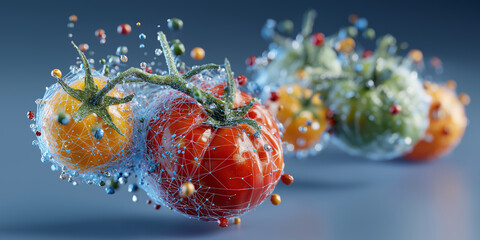 Vibrant digital artwork showcasing fresh tomatoes enveloped in network of glowing, intricate connections, symbolizing technology and nature fusion. scene is dynamic and colorful