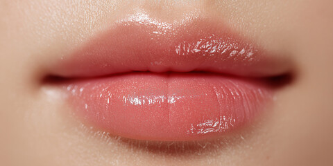 Close up of glossy pink lips with smooth texture, showcasing natural and radiant look. image highlights beauty and allure of well moisturized lips, perfect for beauty advertising