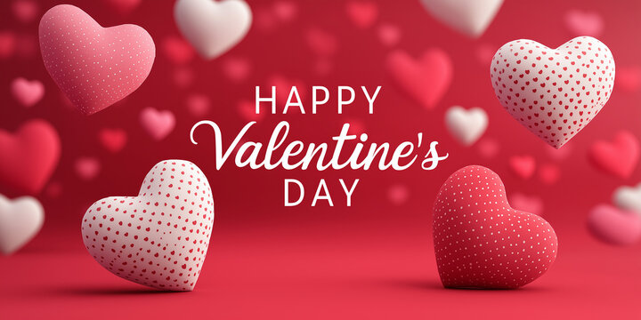 Happy Valentine Day text is surrounded by floating hearts on red background, creating romantic and festive atmosphere