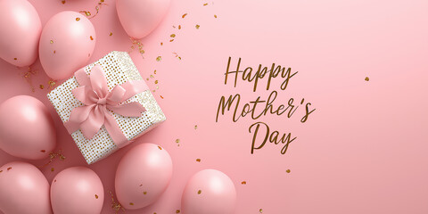 Pink balloons and gift box with bow create festive Happy Mother Day greeting card on soft pink background. Gold confetti adds touch of elegance