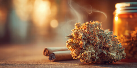 Close up of cannabis bud with warm, inviting glow, accompanied by glass jar and rolled cigars on wooden surface. background is softly blurred, enhancing focus on cannabis