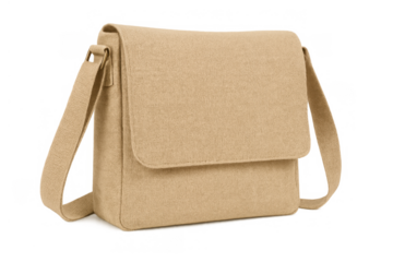 Beige felt messenger bag with flap closure, adjustable shoulder strap, and transparent background