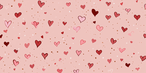 Seamless pattern featuring small pastel pink and red hearts on soft pink background, creating girly coquette aesthetic. design includes scattered dots for added texture