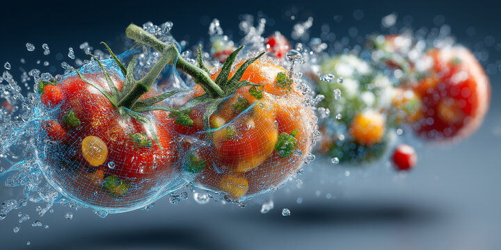 Vibrant tomatoes with digital enhancement and water splash create dynamic and fresh visual. colorful composition highlights freshness and appeal of produce - Powered by Adobe