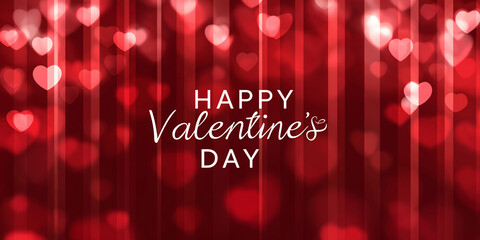 Vibrant red background with glowing hearts and vertical stripes creates romantic atmosphere, perfect for celebrating Valentine Day. text Happy Valentine Day is elegantly displayed in center