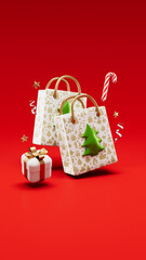 Festive shopping bags with Christmas tree design and gift box on red background and copy space in 3D illustration, perfect for social media, holiday sales and promotions