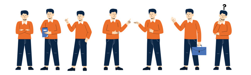 Young Man Wearing T-shirt and Jeans, Character Front, side, back view and explainer animation poses, Businessman poses set vector illustration.
