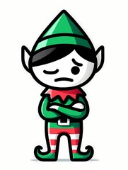 Sad and grumpy Christmas elf character standing with arms crossed, wearing traditional green and red striped costume and hat. Disappointed holiday mascot isolated on white background.