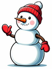 Cheerful cartoon snowman wearing a red knitted hat and mittens, waving a hand in greeting. Cute winter character isolated on a white background, representing cold weather fun and holidays.