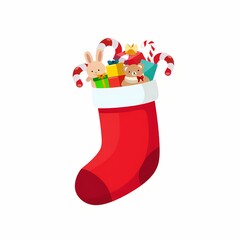 Full red Christmas stocking overflowing with colorful gifts, toys (bunny and teddy bear), and candy canes. Festive holiday illustration, isolated on a white background, representing seasonal abundance