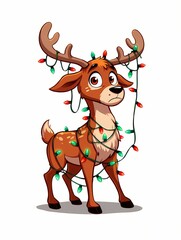 Cute cartoon reindeer entangled in colorful Christmas lights, looking sad and confused. Humorous festive character illustration, isolated on a white background, perfect for holiday mishaps.