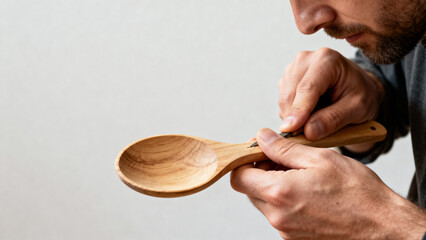 Person focused on carving wooden spoon with handmade craftsmanship