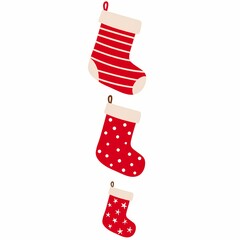 Set of three festive red and white Christmas stockings with different patterns: stripes, polka dots, and stars. Traditional holiday decoration for gifts, isolated on a white background.