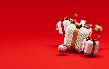 Elegant Christmas gift boxes with red and gold ribbons, festive ornaments, and stars on a vibrant red background and copy space in 3D illustration. Ideal for promotions, marketing or greetings