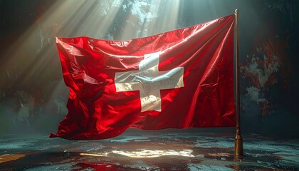Swiss Flag Waving Proudly in a Dramatic Light.
