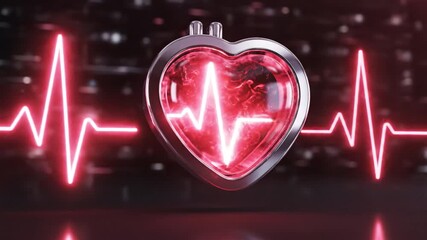 Heart shape red light electrocardiogram pulse line heartbeat monitor neon glow medical cardiology health technology digital art futuristic style glowing red heartbeat line metallic heart shape - Powered by Adobe