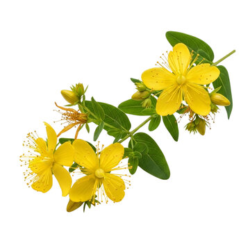 St. John&rsquo;s wort flowering sprig isolated on transparent background &ndash; bright yellow blossoms, green leaves, and star-like stamens.