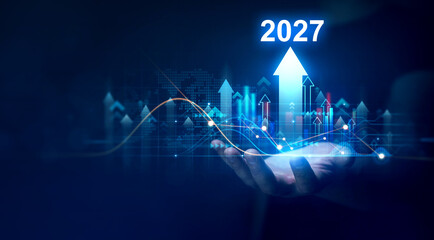 Increase arrow graph corporate future growth year 2027. Planning,opportunity, challenge and business strategy. New Goals, Plans and Visions for Next Year 2027.